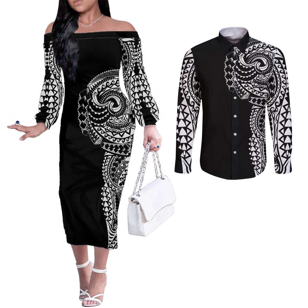 Polynesian Art Traditional Tattoo Couples Matching Off The Shoulder Long Sleeve Dress and Long Sleeve Button Shirt Simple Style LT03 Black - Polynesian Pride
