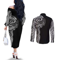 Polynesian Art Traditional Tattoo Couples Matching Off The Shoulder Long Sleeve Dress and Long Sleeve Button Shirt Simple Style LT03 - Polynesian Pride