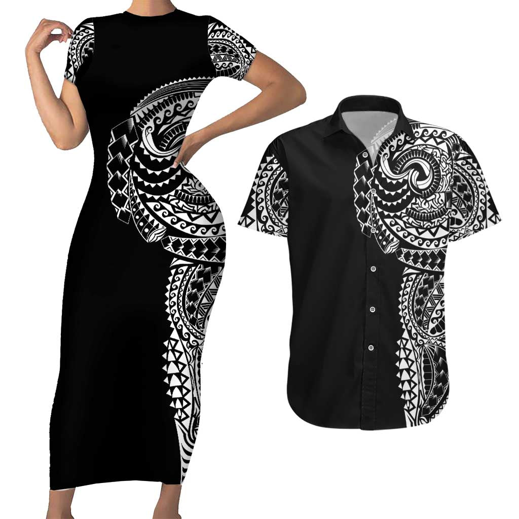 Polynesian Art Traditional Tattoo Couples Matching Short Sleeve Bodycon Dress and Hawaiian Shirt Simple Style LT03 Black - Polynesian Pride