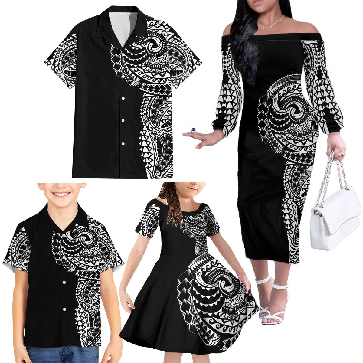 Polynesian Art Traditional Tattoo Family Matching Off The Shoulder Long Sleeve Dress and Hawaiian Shirt Simple Style LT03 - Polynesian Pride