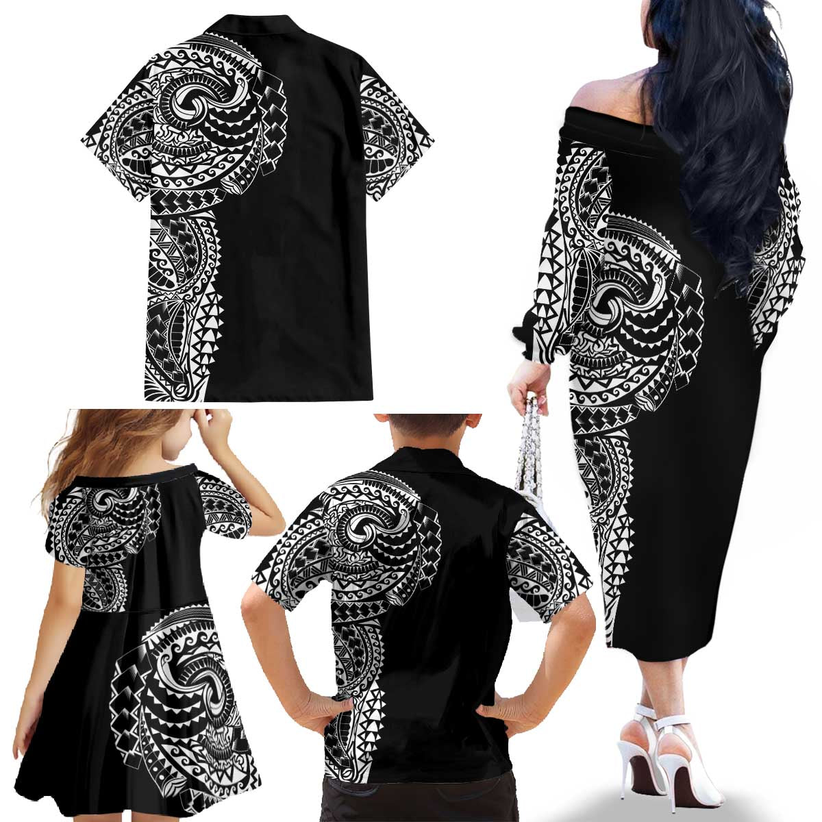 Polynesian Art Traditional Tattoo Family Matching Off The Shoulder Long Sleeve Dress and Hawaiian Shirt Simple Style LT03 - Polynesian Pride