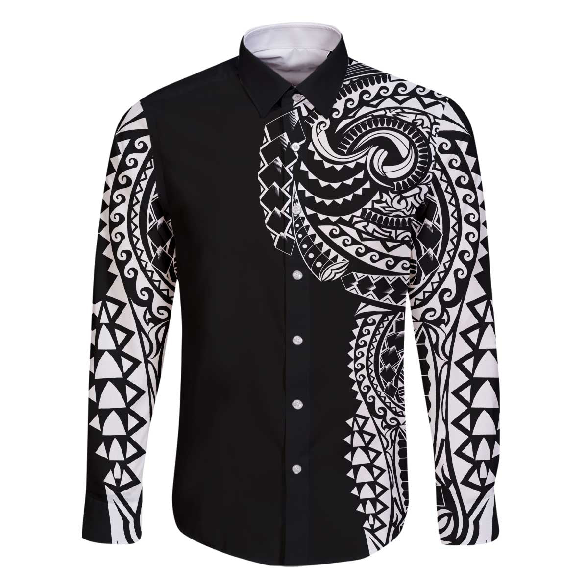 Polynesian Art Traditional Tattoo Family Matching Off Shoulder Short Dress and Hawaiian Shirt Simple Style LT03 Dad's Shirt - Long Sleeve Black - Polynesian Pride