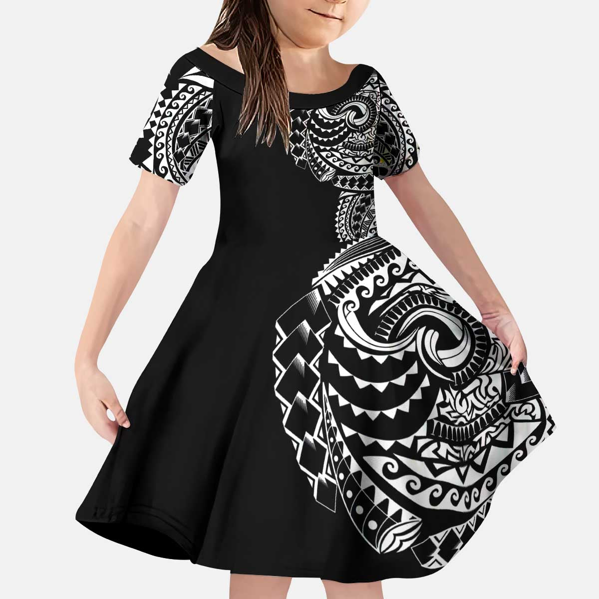 Polynesian Art Traditional Tattoo Family Matching Puletasi and Hawaiian Shirt Simple Style LT03 Daughter's Dress Black - Polynesian Pride