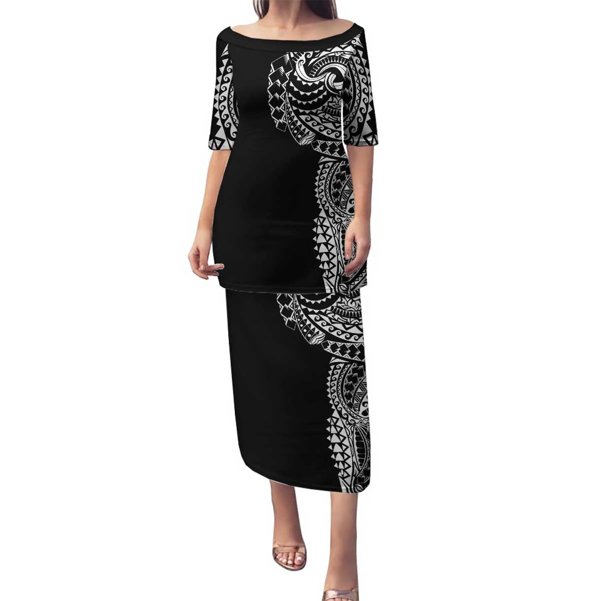 Polynesian Art Traditional Tattoo Family Matching Puletasi and Hawaiian Shirt Simple Style LT03 Mom's Dress Black - Polynesian Pride