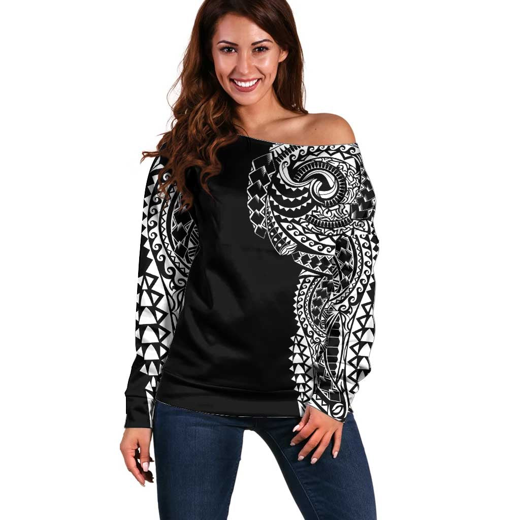 Polynesian Art Traditional Tattoo Off Shoulder Sweater Simple Style LT03 Women Black - Polynesian Pride