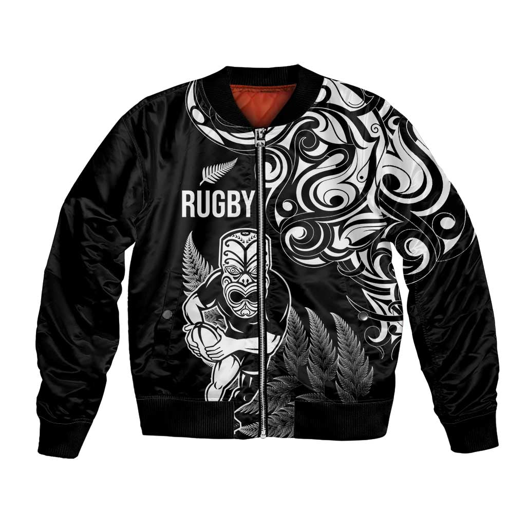 New Zealand Maori Warrior Rugby Bomber Jacket Silver Fern LT03 Unisex Black - Polynesian Pride