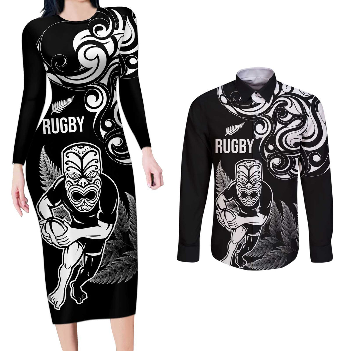 New Zealand Maori Warrior Rugby Couples Matching Long Sleeve Bodycon Dress and Long Sleeve Button Shirt Silver Fern LT03 Black - Polynesian Pride
