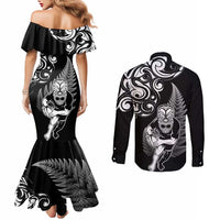New Zealand Maori Warrior Rugby Couples Matching Mermaid Dress and Long Sleeve Button Shirt Silver Fern LT03 - Polynesian Pride