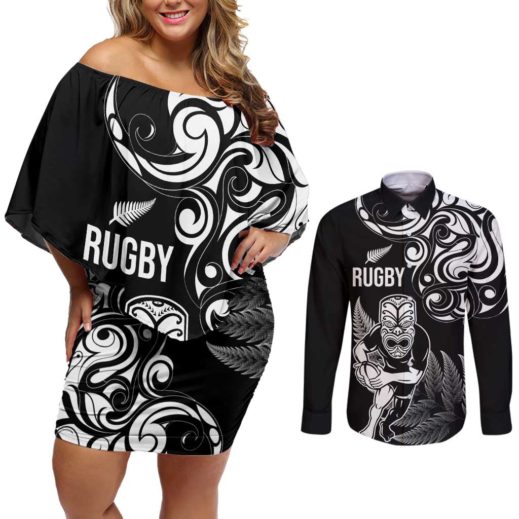 New Zealand Maori Warrior Rugby Couples Matching Off Shoulder Short Dress and Long Sleeve Button Shirt Silver Fern LT03 Black - Polynesian Pride
