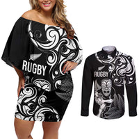 New Zealand Maori Warrior Rugby Couples Matching Off Shoulder Short Dress and Long Sleeve Button Shirt Silver Fern LT03 Black - Polynesian Pride