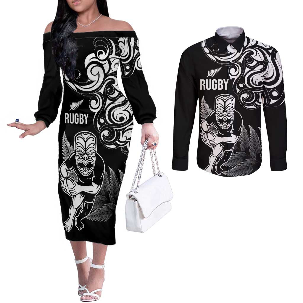 New Zealand Maori Warrior Rugby Couples Matching Off The Shoulder Long Sleeve Dress and Long Sleeve Button Shirt Silver Fern LT03 Black - Polynesian Pride