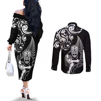 New Zealand Maori Warrior Rugby Couples Matching Off The Shoulder Long Sleeve Dress and Long Sleeve Button Shirt Silver Fern LT03 - Polynesian Pride