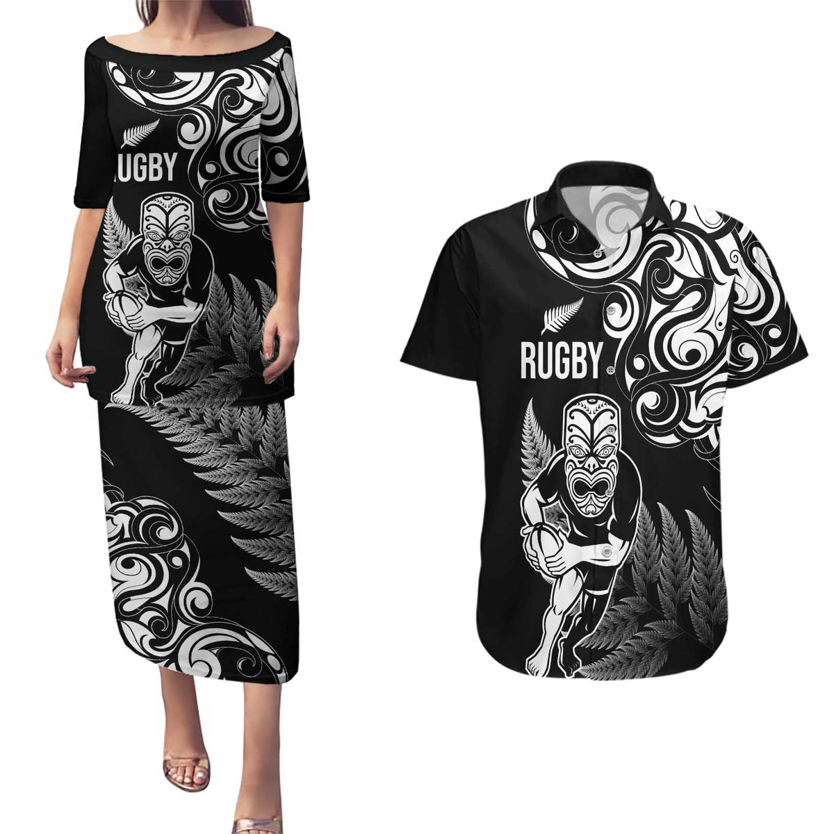 New Zealand Maori Warrior Rugby Couples Matching Puletasi and Hawaiian Shirt Silver Fern LT03 Black - Polynesian Pride