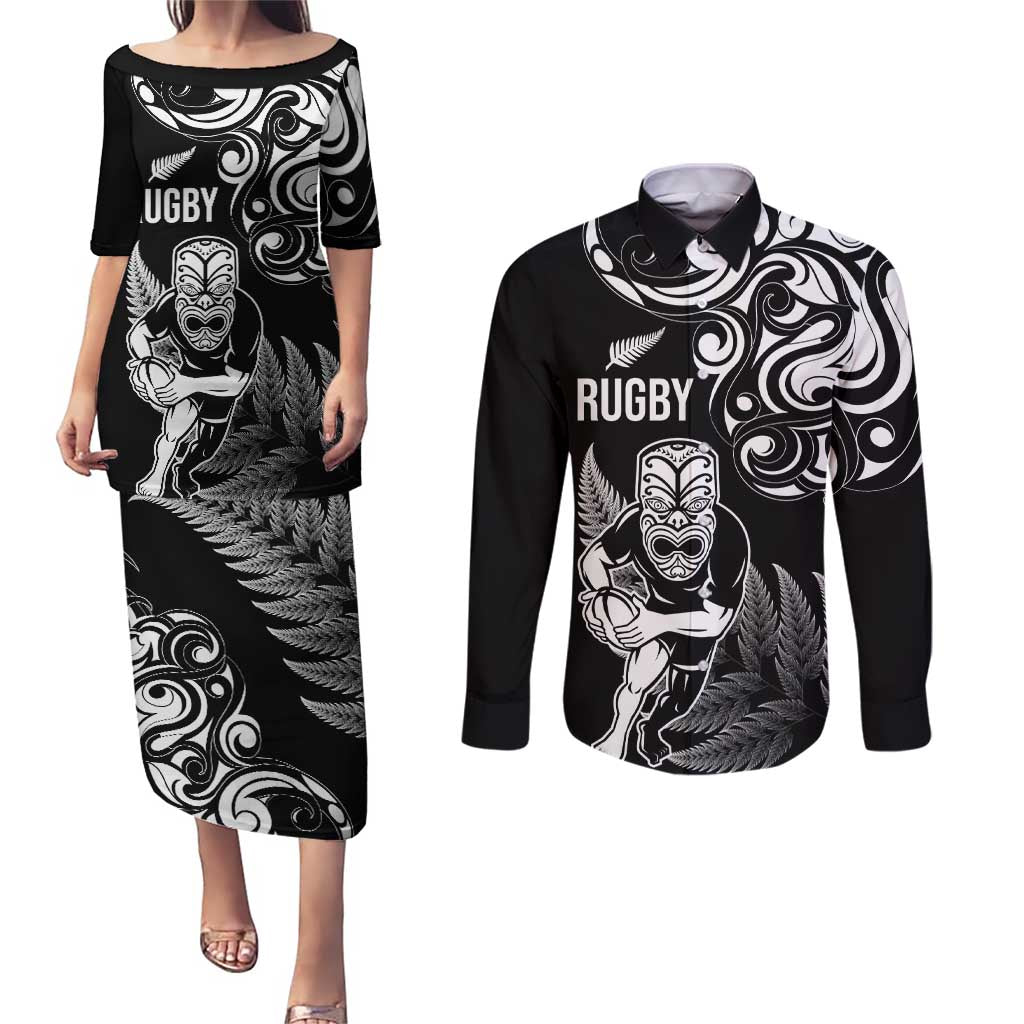 New Zealand Maori Warrior Rugby Couples Matching Puletasi and Long Sleeve Button Shirt Silver Fern LT03 Black - Polynesian Pride