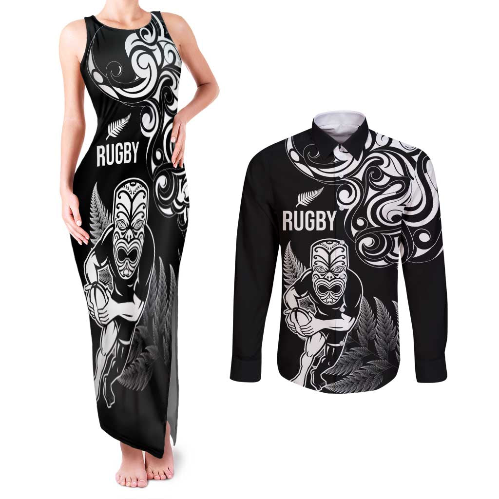 New Zealand Maori Warrior Rugby Couples Matching Tank Maxi Dress and Long Sleeve Button Shirt Silver Fern LT03 Black - Polynesian Pride