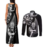 New Zealand Maori Warrior Rugby Couples Matching Tank Maxi Dress and Long Sleeve Button Shirt Silver Fern LT03 - Polynesian Pride