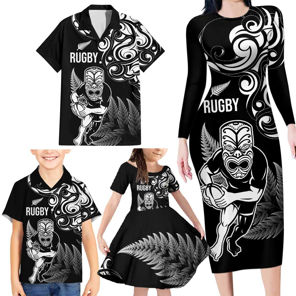 New Zealand Maori Warrior Rugby Family Matching Long Sleeve Bodycon Dress and Hawaiian Shirt Silver Fern LT03 - Polynesian Pride