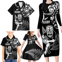 New Zealand Maori Warrior Rugby Family Matching Long Sleeve Bodycon Dress and Hawaiian Shirt Silver Fern LT03 - Polynesian Pride