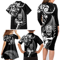 New Zealand Maori Warrior Rugby Family Matching Long Sleeve Bodycon Dress and Hawaiian Shirt Silver Fern LT03 - Polynesian Pride