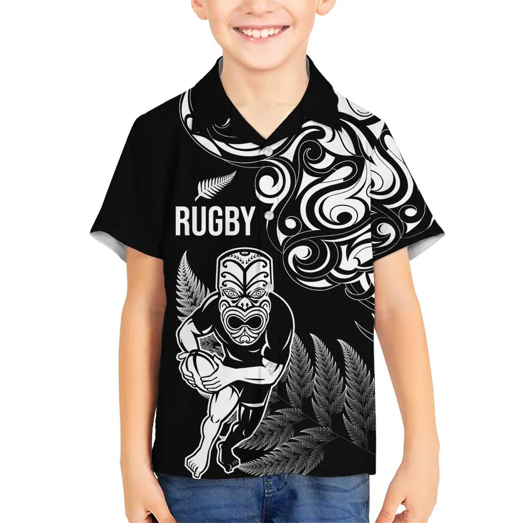 New Zealand Maori Warrior Rugby Family Matching Long Sleeve Bodycon Dress and Hawaiian Shirt Silver Fern LT03 Son's Shirt Black - Polynesian Pride