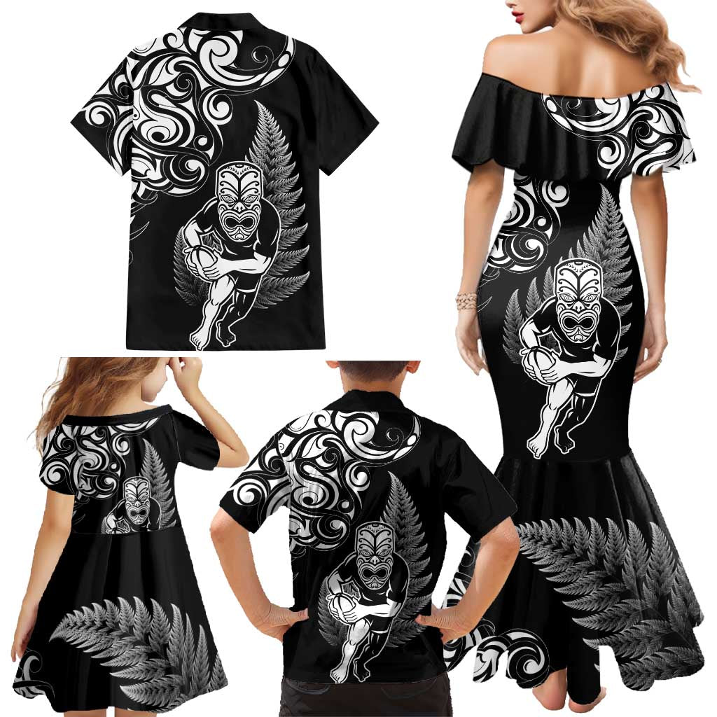New Zealand Maori Warrior Rugby Family Matching Mermaid Dress and Hawaiian Shirt Silver Fern LT03 - Polynesian Pride