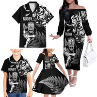 New Zealand Maori Warrior Rugby Family Matching Off The Shoulder Long Sleeve Dress and Hawaiian Shirt Silver Fern LT03 - Polynesian Pride