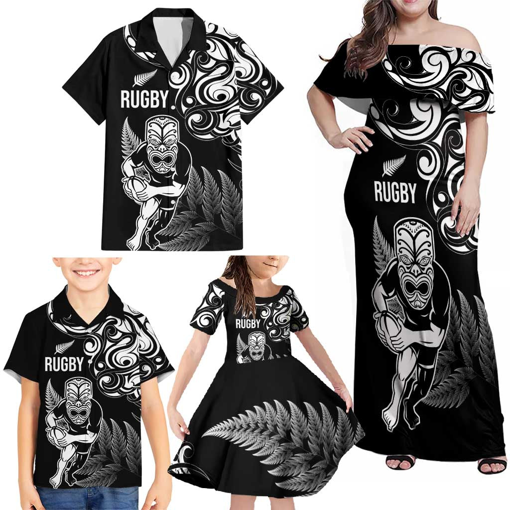 New Zealand Maori Warrior Rugby Family Matching Off Shoulder Maxi Dress and Hawaiian Shirt Silver Fern LT03 - Polynesian Pride