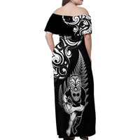 New Zealand Maori Warrior Rugby Family Matching Off Shoulder Maxi Dress and Hawaiian Shirt Silver Fern LT03 - Polynesian Pride