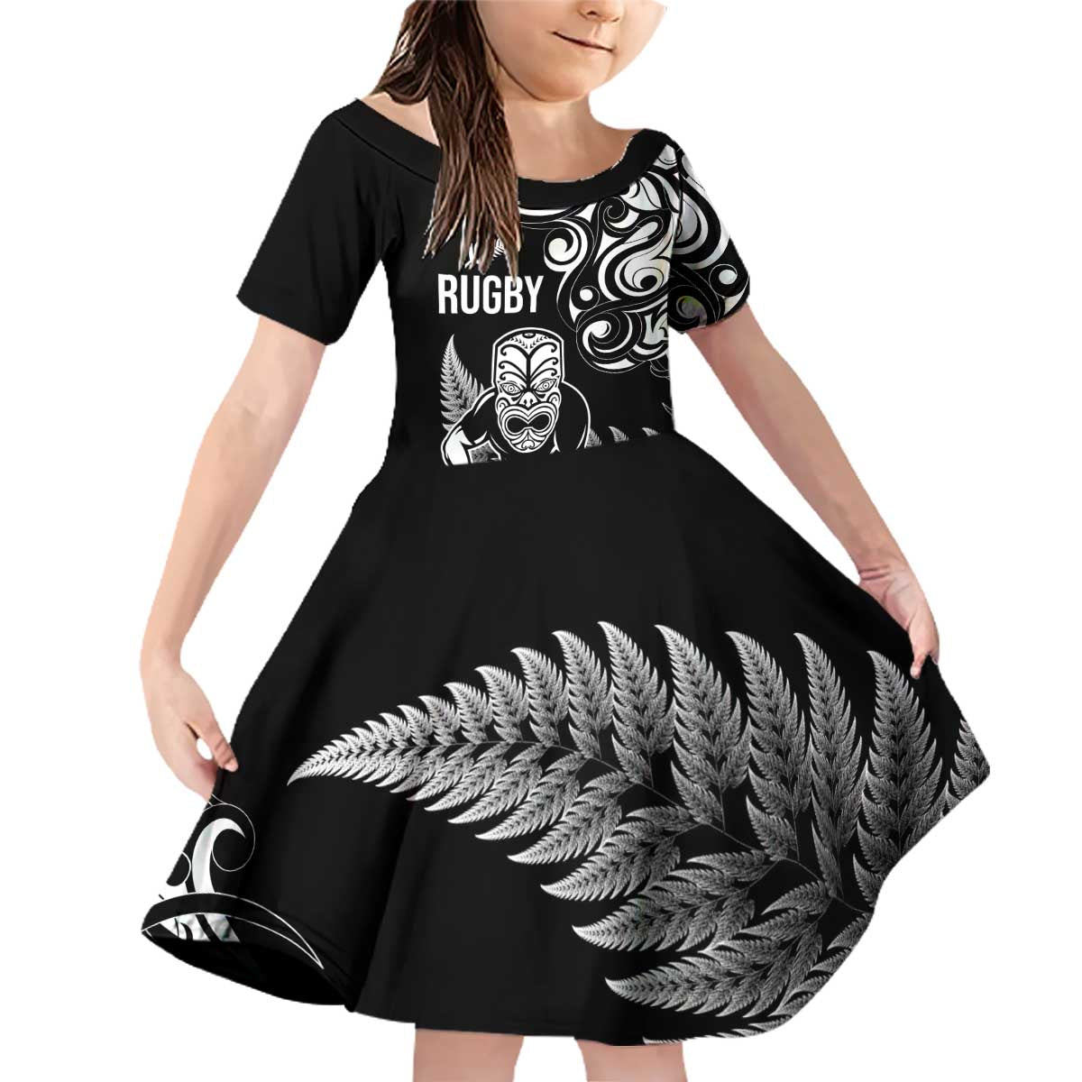 New Zealand Maori Warrior Rugby Family Matching Off Shoulder Short Dress and Hawaiian Shirt Silver Fern LT03 Daughter's Dress Black - Polynesian Pride