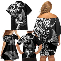 New Zealand Maori Warrior Rugby Family Matching Off Shoulder Short Dress and Hawaiian Shirt Silver Fern LT03 - Polynesian Pride