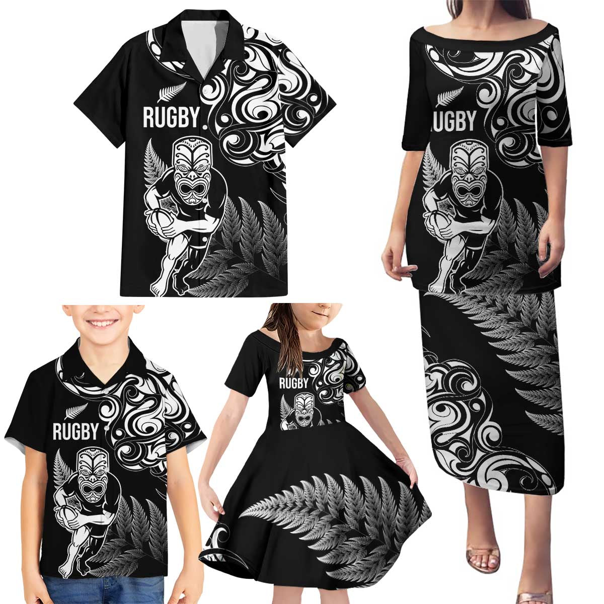 New Zealand Maori Warrior Rugby Family Matching Puletasi and Hawaiian Shirt Silver Fern LT03 - Polynesian Pride