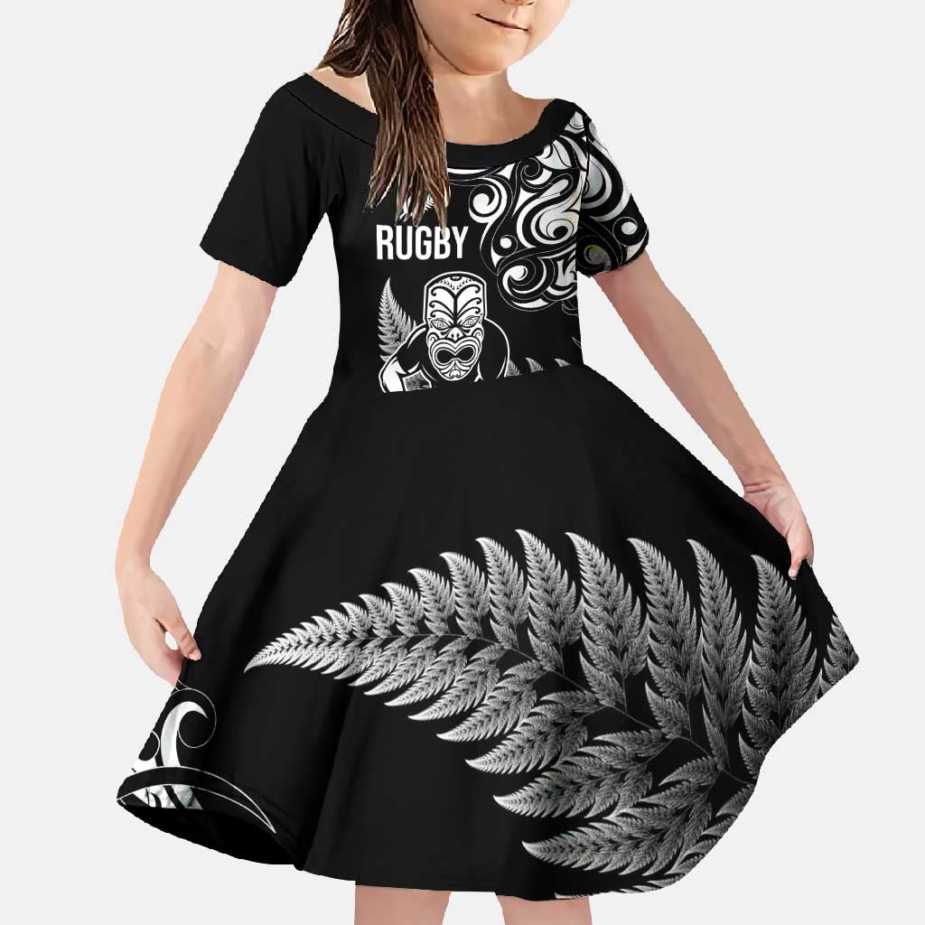 New Zealand Maori Warrior Rugby Family Matching Short Sleeve Bodycon Dress and Hawaiian Shirt Silver Fern LT03 Daughter's Dress Black - Polynesian Pride