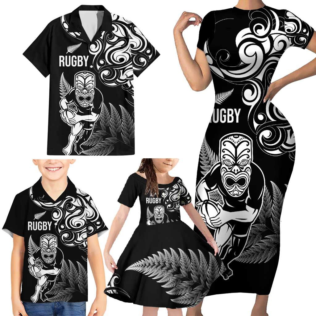 New Zealand Maori Warrior Rugby Family Matching Short Sleeve Bodycon Dress and Hawaiian Shirt Silver Fern LT03 - Polynesian Pride
