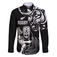 New Zealand Maori Warrior Rugby Family Matching Short Sleeve Bodycon Dress and Hawaiian Shirt Silver Fern LT03 Dad's Shirt - Long Sleeve Black - Polynesian Pride
