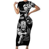 New Zealand Maori Warrior Rugby Family Matching Short Sleeve Bodycon Dress and Hawaiian Shirt Silver Fern LT03 Mom's Dress Black - Polynesian Pride