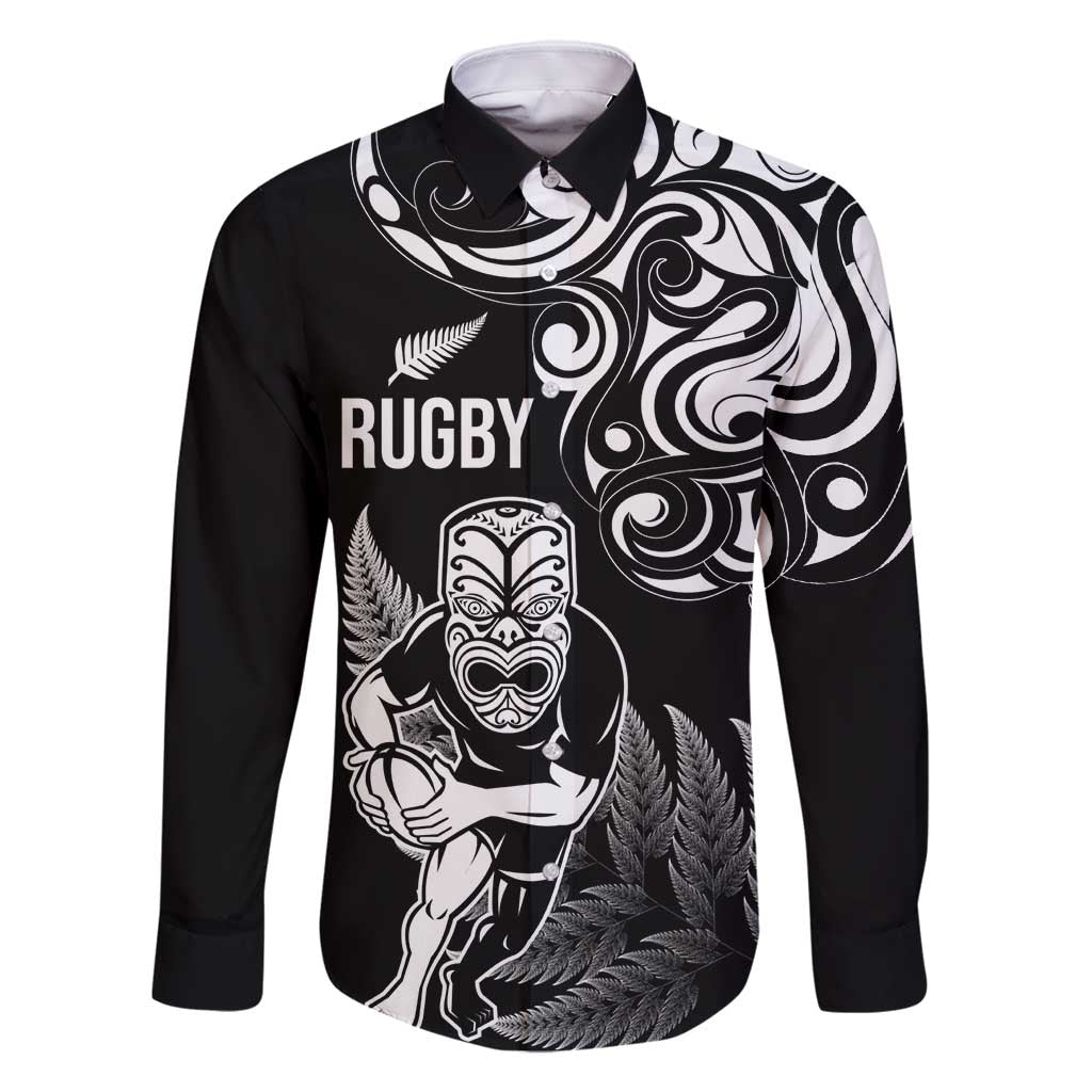 New Zealand Maori Warrior Rugby Family Matching Summer Maxi Dress and Hawaiian Shirt Silver Fern LT03 Dad's Shirt - Long Sleeve Black - Polynesian Pride