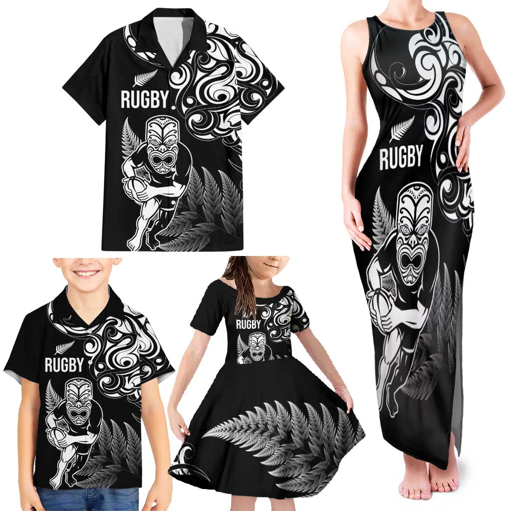 New Zealand Maori Warrior Rugby Family Matching Tank Maxi Dress and Hawaiian Shirt Silver Fern LT03 - Polynesian Pride