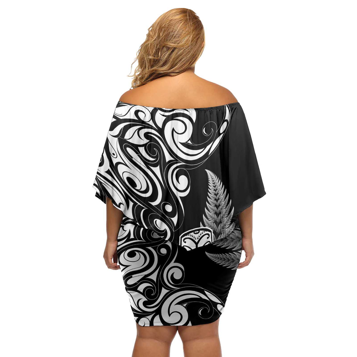 New Zealand Maori Warrior Rugby Off Shoulder Short Dress Silver Fern