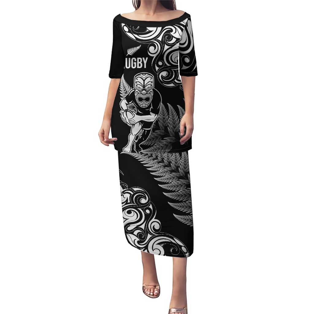 New Zealand Maori Warrior Rugby Puletasi Silver Fern LT03 Long Dress Black - Polynesian Pride