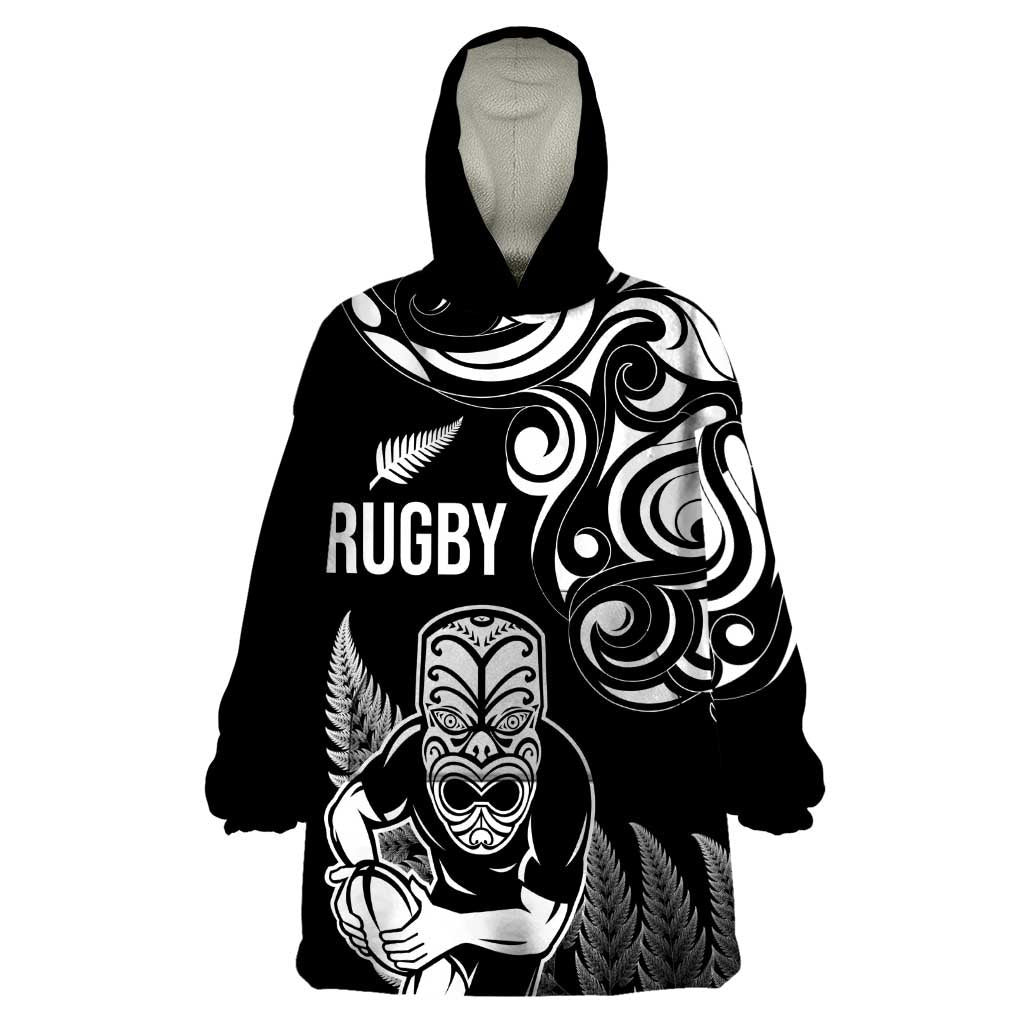 New Zealand Maori Warrior Rugby Wearable Blanket Hoodie Silver Fern LT03 One Size Black - Polynesian Pride
