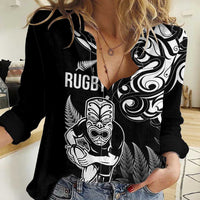 New Zealand Maori Warrior Rugby Women Casual Shirt Silver Fern LT03 Female Black - Polynesian Pride