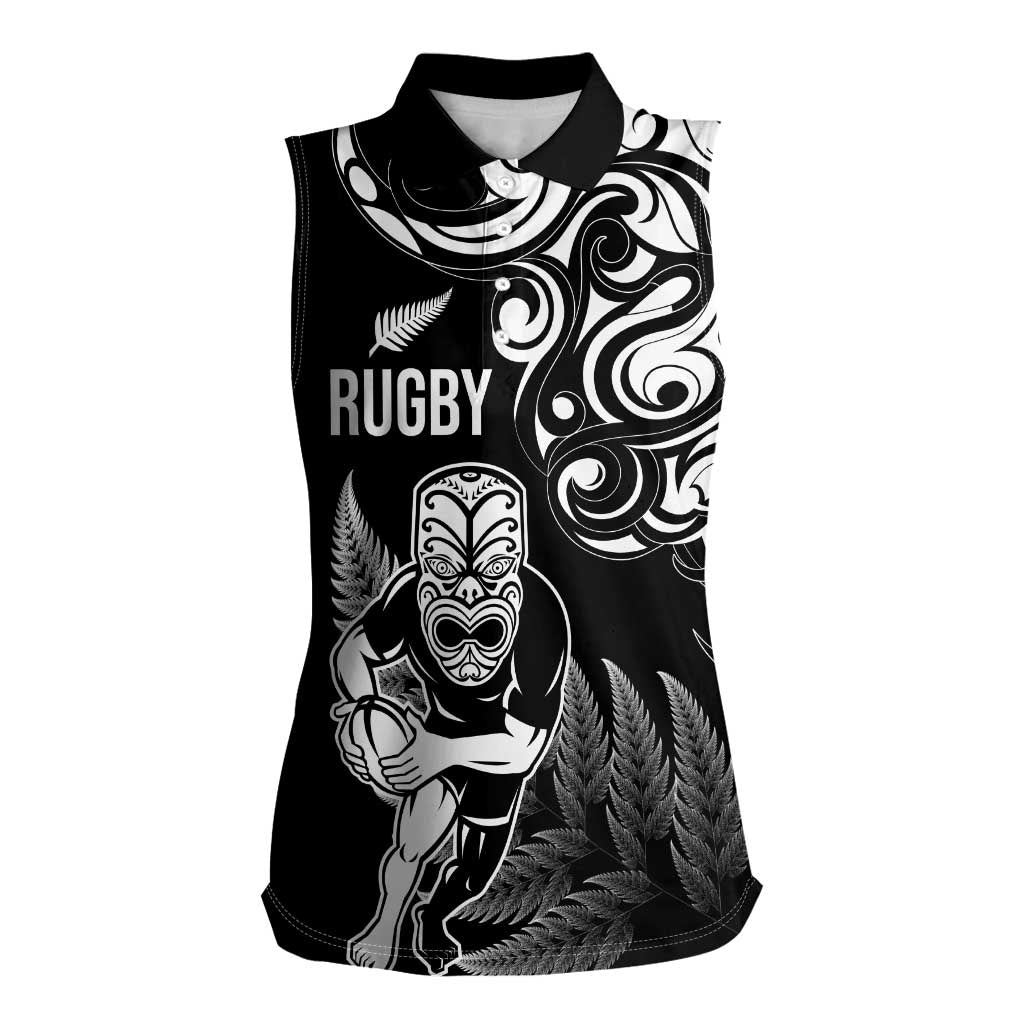 New Zealand Maori Warrior Rugby Women Sleeveless Polo Shirt Silver Fern LT03 Female Black - Polynesian Pride