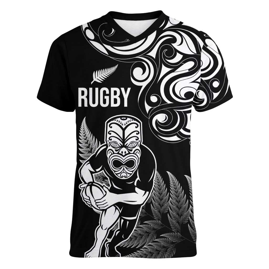 New Zealand Maori Warrior Rugby Women V-Neck T-Shirt Silver Fern LT03 Female Black - Polynesian Pride