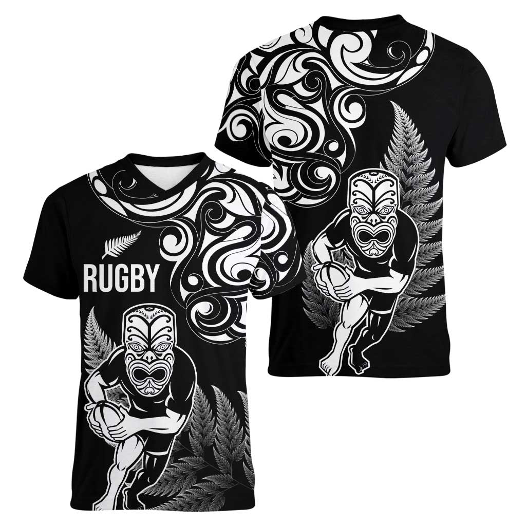New Zealand Maori Warrior Rugby Women V-Neck T-Shirt Silver Fern LT03 - Polynesian Pride