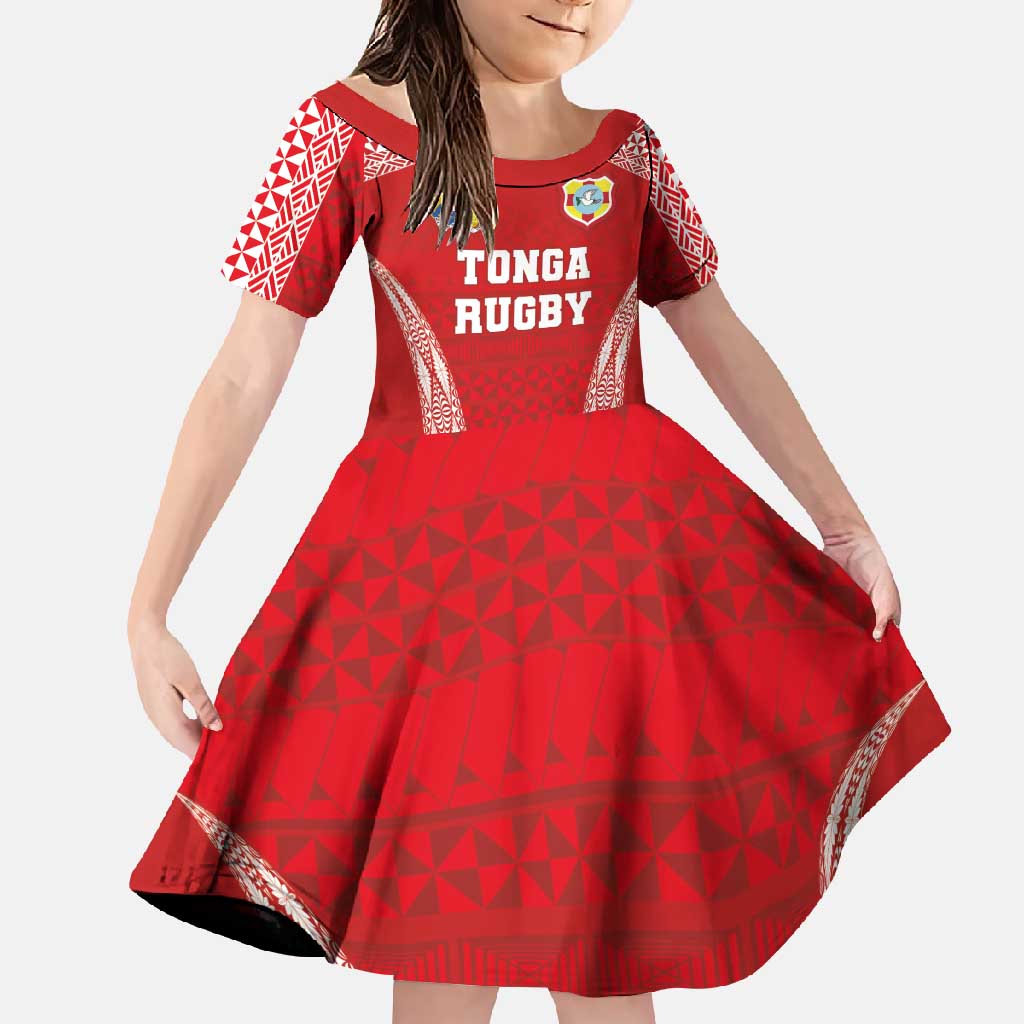 Custom Tonga Pacific Rugby 2024 Family Matching Long Sleeve Bodycon Dress and Hawaiian Shirt Ngatu Tribal Pattern LT03 Daughter's Dress Red - Polynesian Pride