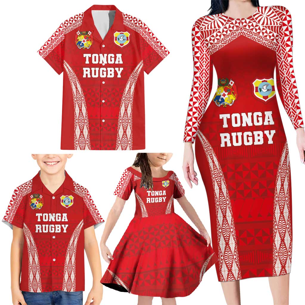 Custom Tonga Pacific Rugby 2024 Family Matching Long Sleeve Bodycon Dress and Hawaiian Shirt Ngatu Tribal Pattern LT03 - Polynesian Pride