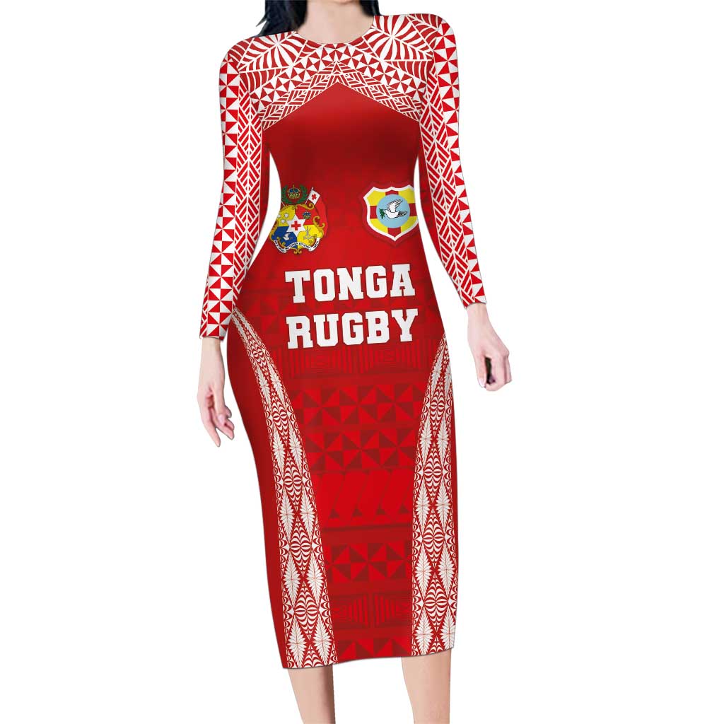 Custom Tonga Pacific Rugby 2024 Family Matching Long Sleeve Bodycon Dress and Hawaiian Shirt Ngatu Tribal Pattern LT03 Mom's Dress Red - Polynesian Pride
