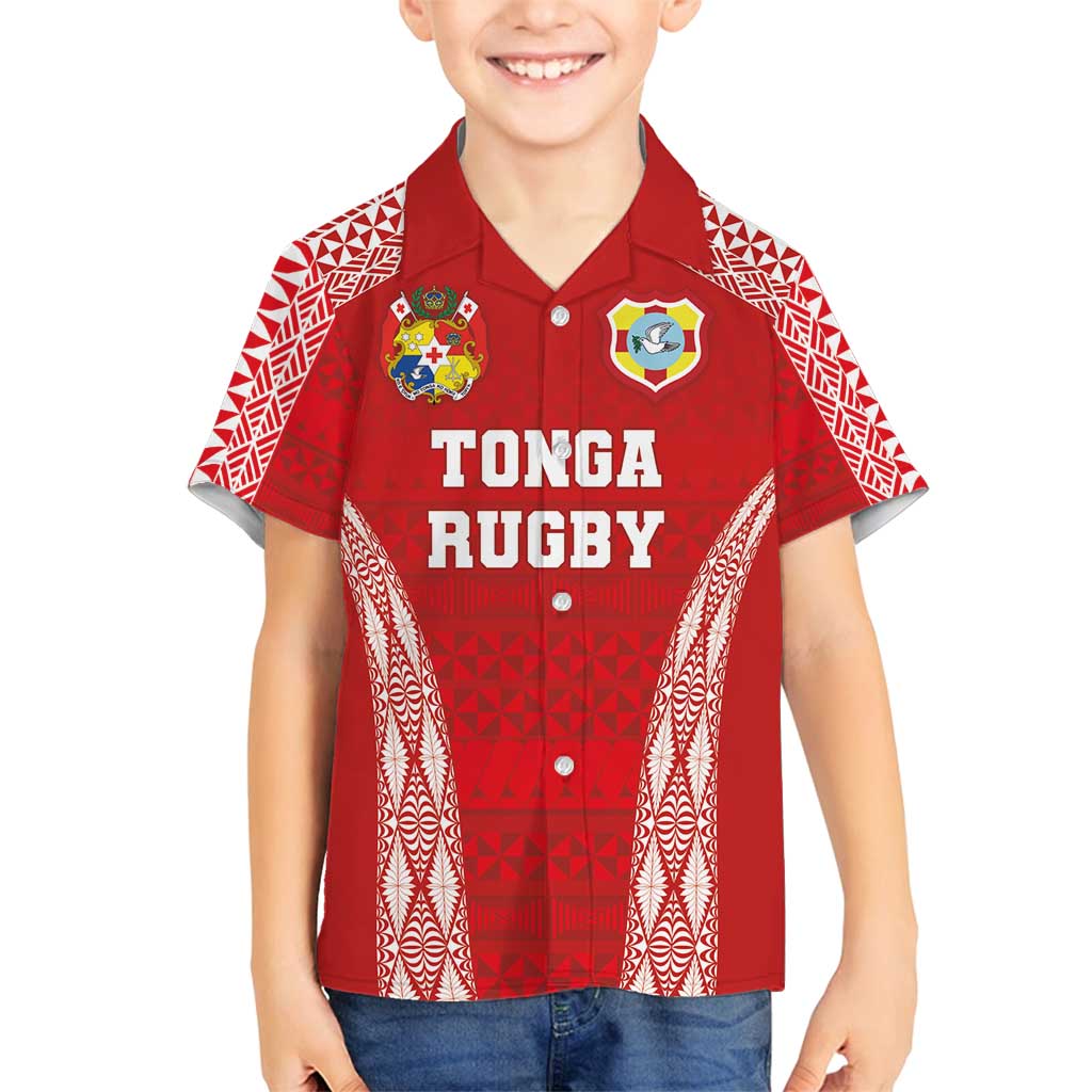 Custom Tonga Pacific Rugby 2024 Family Matching Long Sleeve Bodycon Dress and Hawaiian Shirt Ngatu Tribal Pattern LT03 Son's Shirt Red - Polynesian Pride