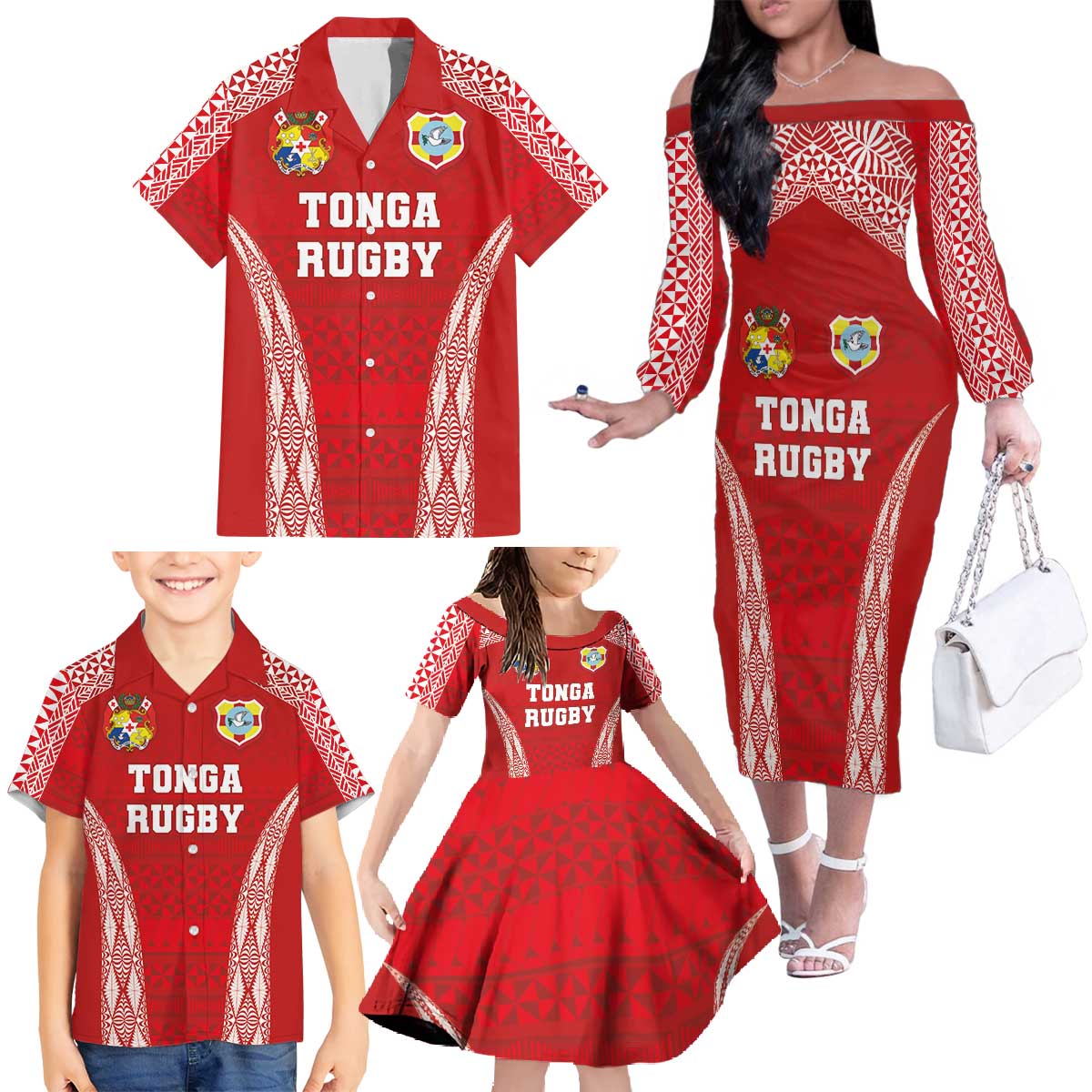 Custom Tonga Pacific Rugby 2024 Family Matching Off The Shoulder Long Sleeve Dress and Hawaiian Shirt Ngatu Tribal Pattern LT03 - Polynesian Pride