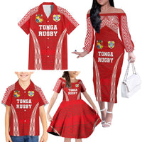 Custom Tonga Pacific Rugby 2024 Family Matching Off The Shoulder Long Sleeve Dress and Hawaiian Shirt Ngatu Tribal Pattern LT03 - Polynesian Pride